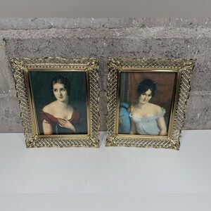 Vintage Gold Ornate Framed Portrait Prints Pair Victorian Style 5x6.25